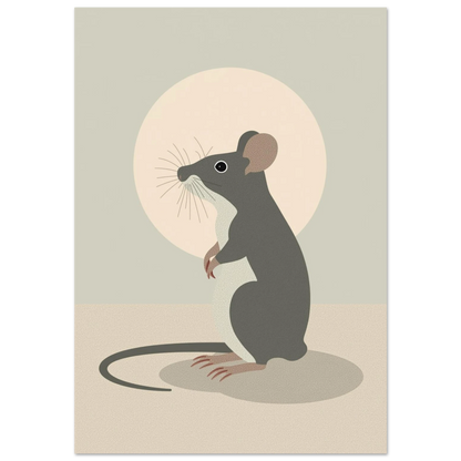 Grå mus i minimalistisk illustration med ljus cirkelbakgrund – grafisk djurposter