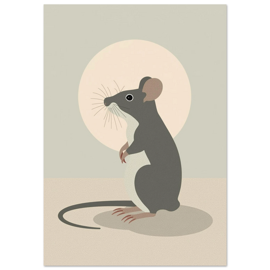 Grå mus i minimalistisk illustration med ljus cirkelbakgrund – grafisk djurposter