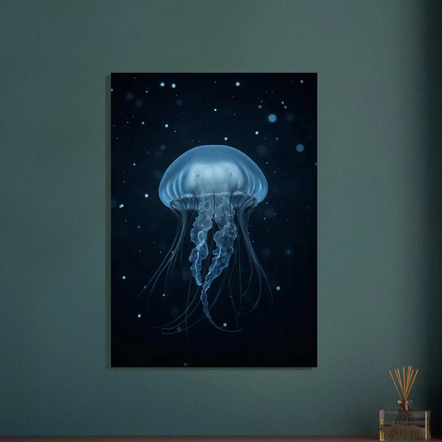 Manet i mörkblått vatten med svagt ljus, eterisk stämning