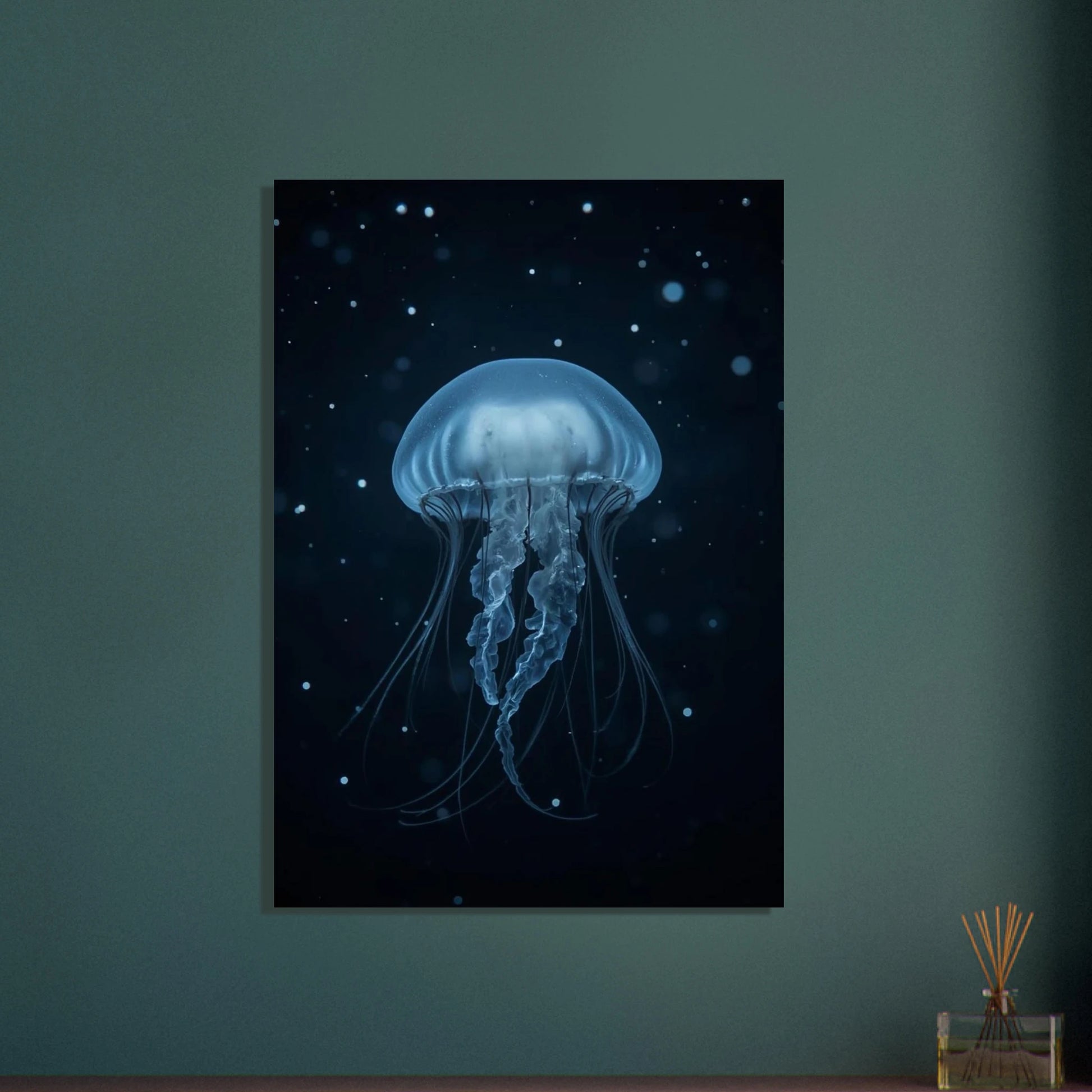 Manet i mörkblått vatten med svagt ljus, eterisk stämning
