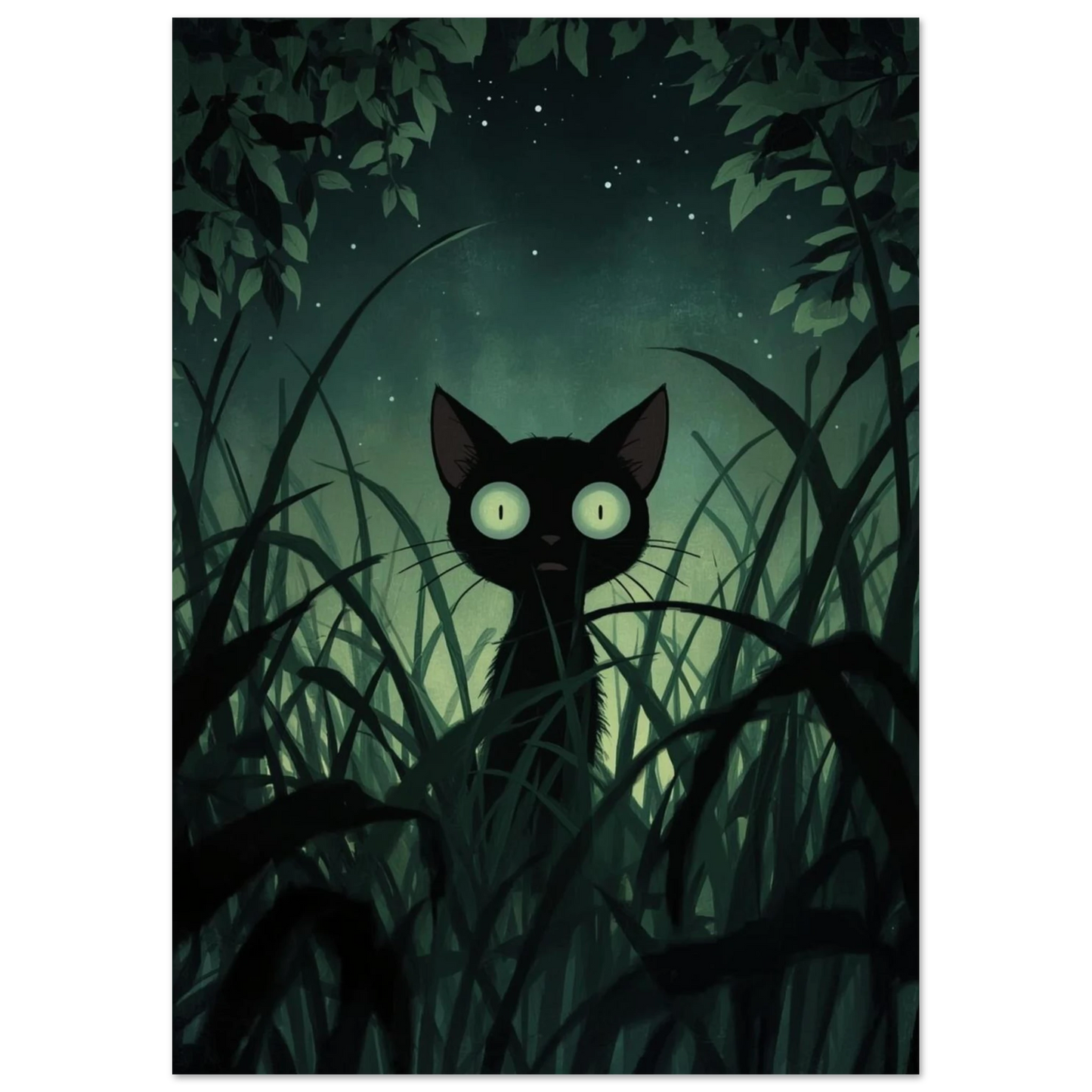 Ghibli-inspirerad konst med svart katt i grönskande nattlandskap