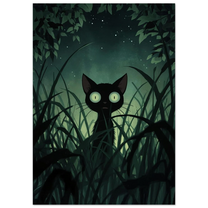 Ghibli-inspirerad konst med svart katt i grönskande nattlandskap