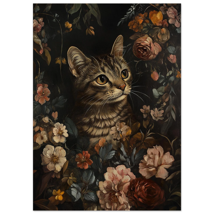 Närbild på kattens intensiva blick bland dämpade rosor och blad
