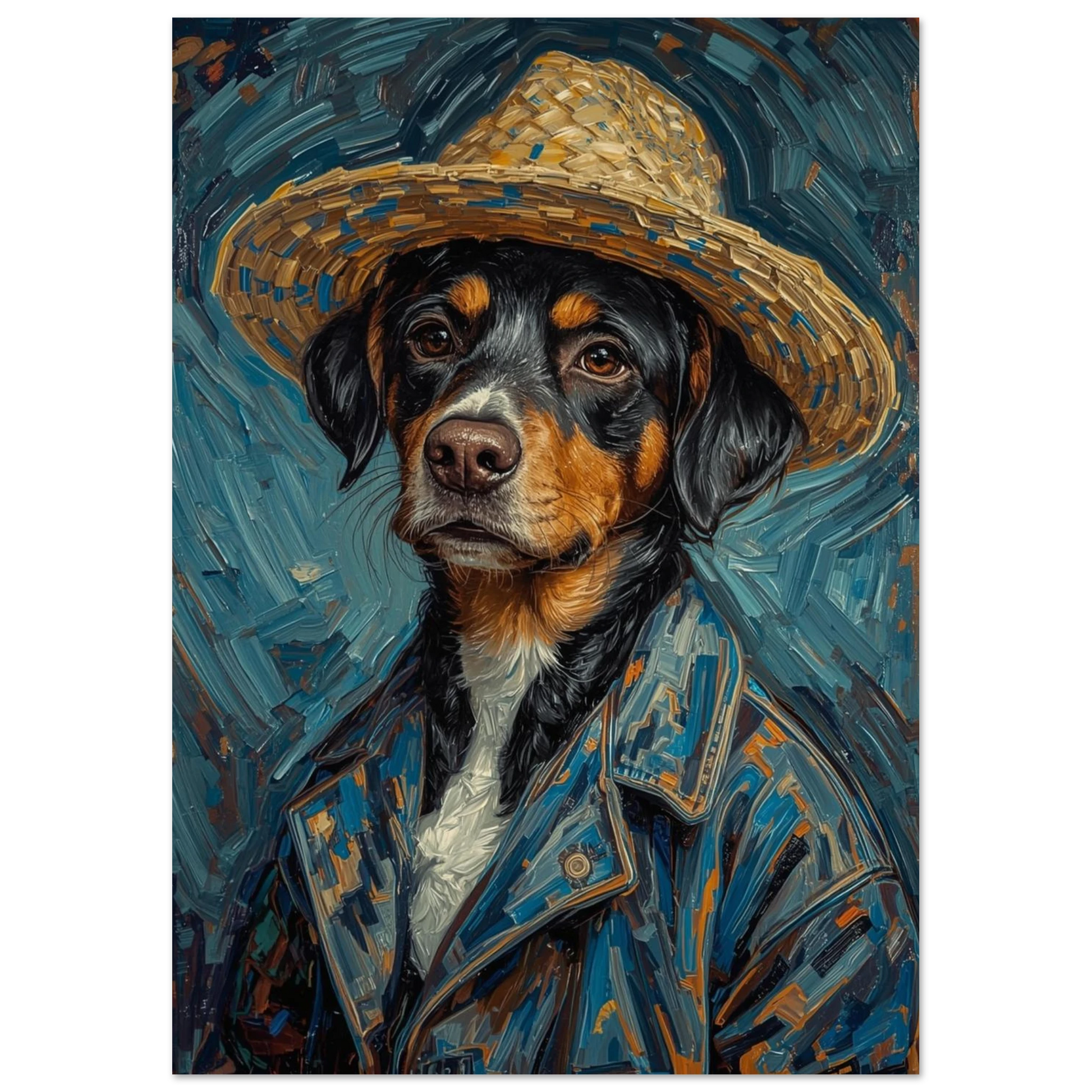 Konstnärlig hundtavla föreställande hund i hatt och mörkblå denimjacka