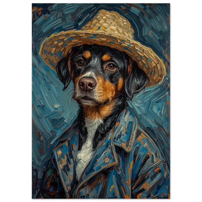Konstnärlig hundtavla föreställande hund i hatt och mörkblå denimjacka