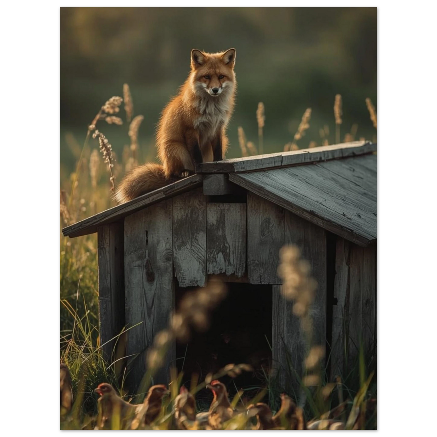 Närbild på räv med uppmärksam blick på hönshus – Fotorealistisk poster