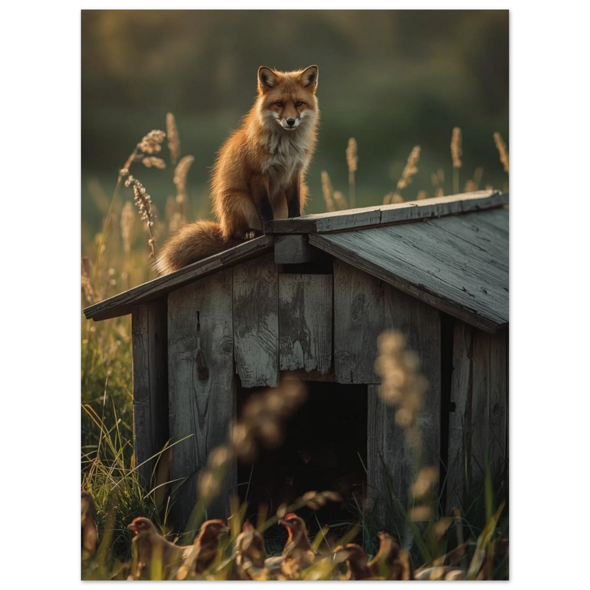 Närbild på räv med uppmärksam blick på hönshus – Fotorealistisk poster