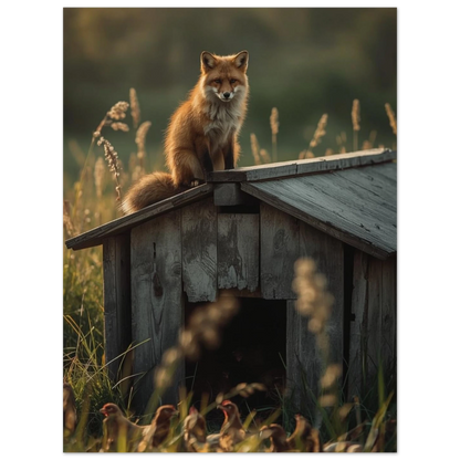 Närbild på räv med uppmärksam blick på hönshus – Fotorealistisk poster