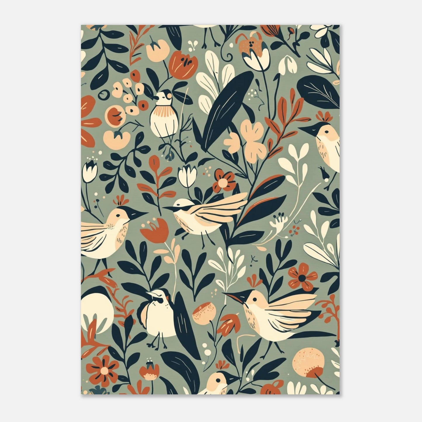 Retroinspirerad djurposter med fåglar i ett organiskt blommönster