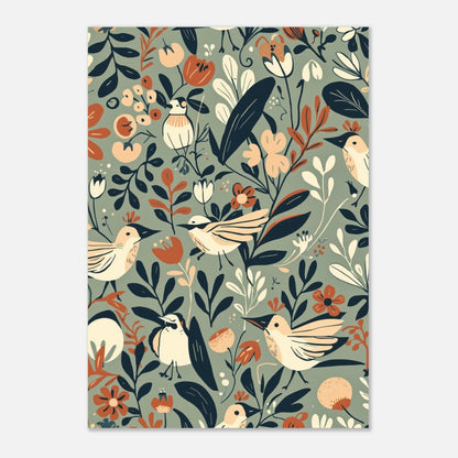 Retroinspirerad djurposter med fåglar i ett organiskt blommönster