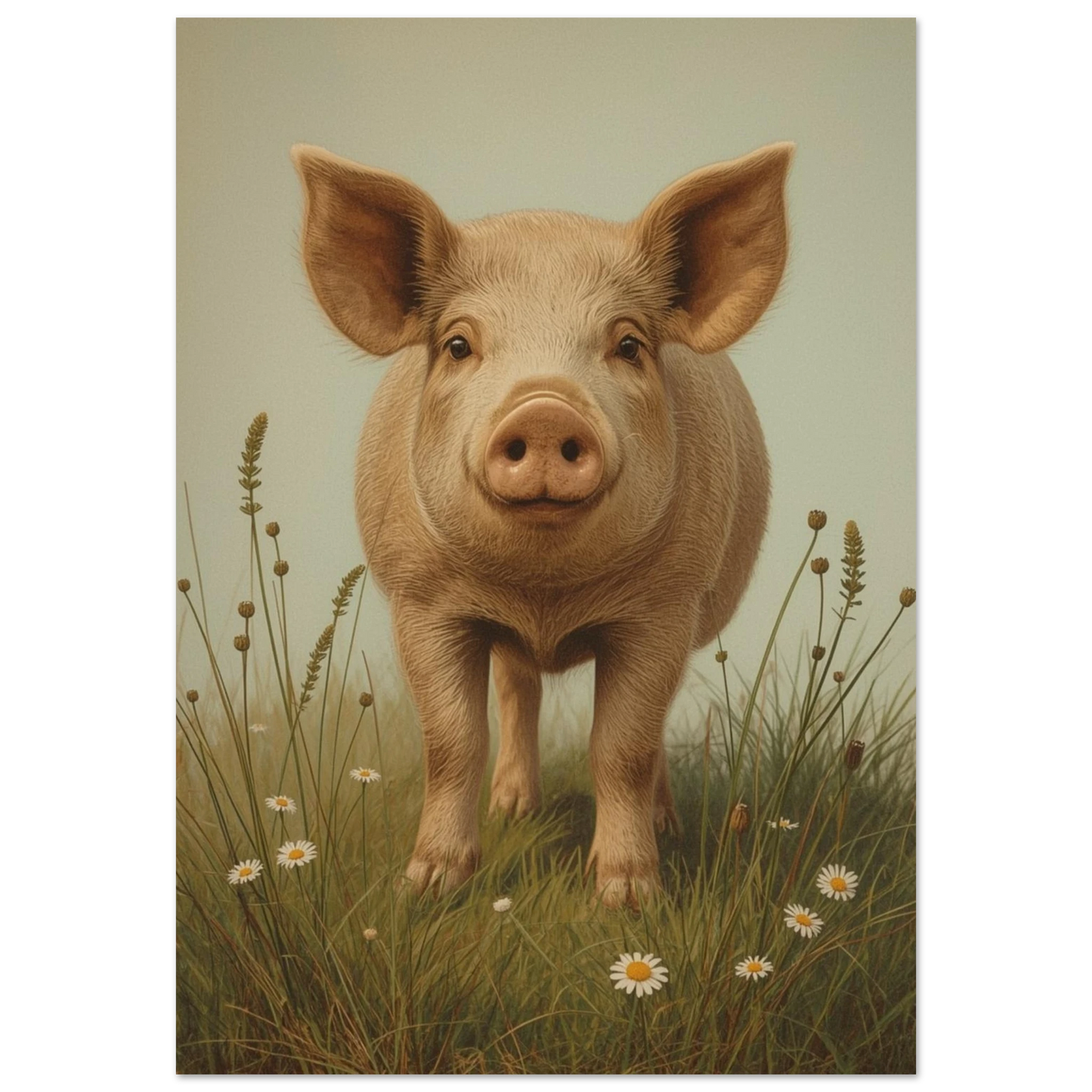 Nyfiken gris i gräset med prästkragar, sett framifrån – Målad poster