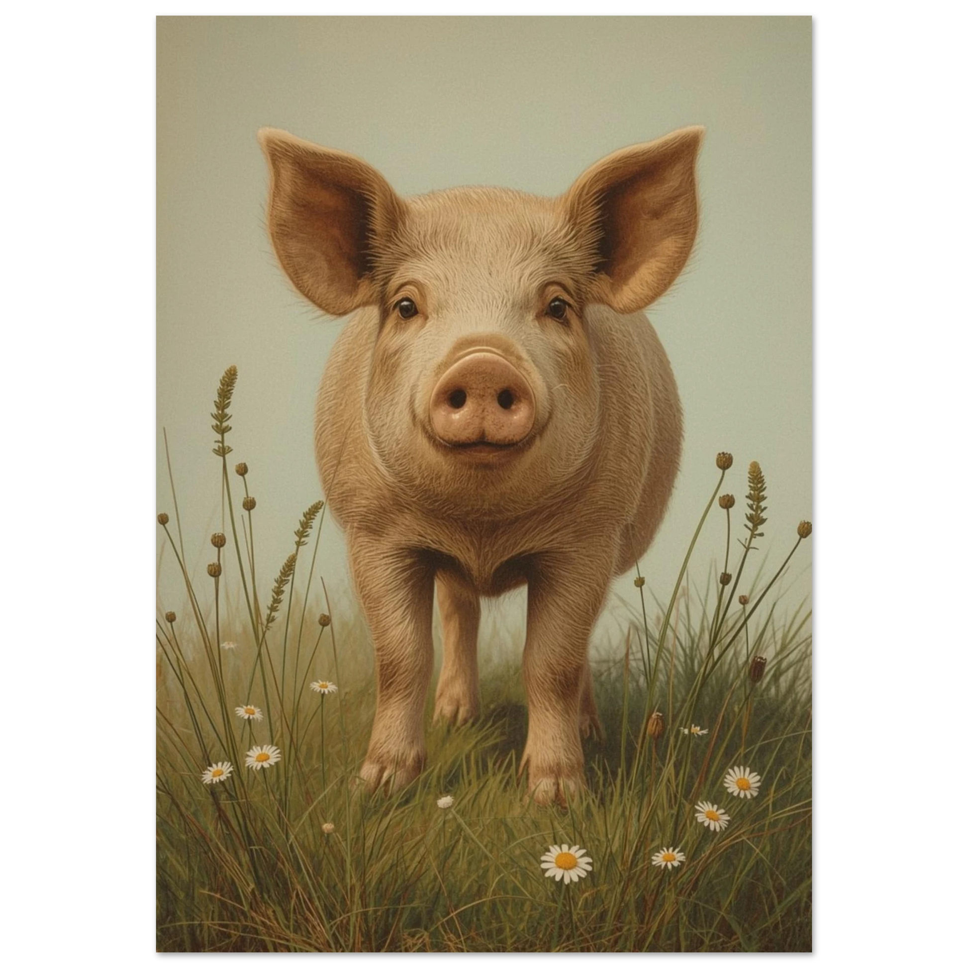 Nyfiken gris i gräset med prästkragar, sett framifrån – Målad poster