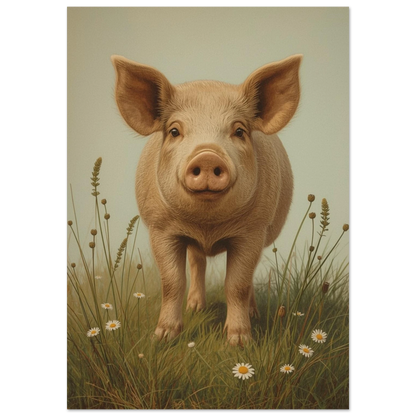 Nyfiken gris i gräset med prästkragar, sett framifrån – Målad poster