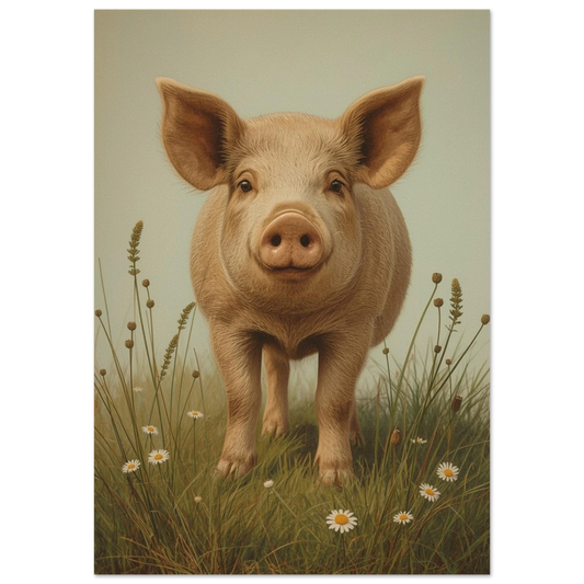 Nyfiken gris i gräset med prästkragar, sett framifrån – Målad poster