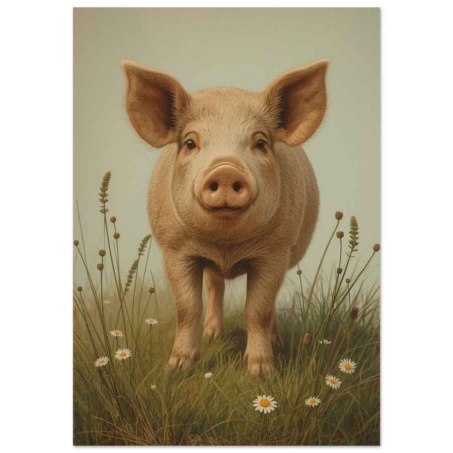Nyfiken gris i gräset med prästkragar, sett framifrån – Målad poster