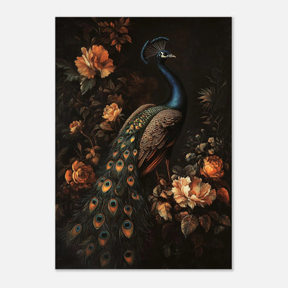 Elegant påfågeltavla med dämpad belysning och varma jordnära blomtoner