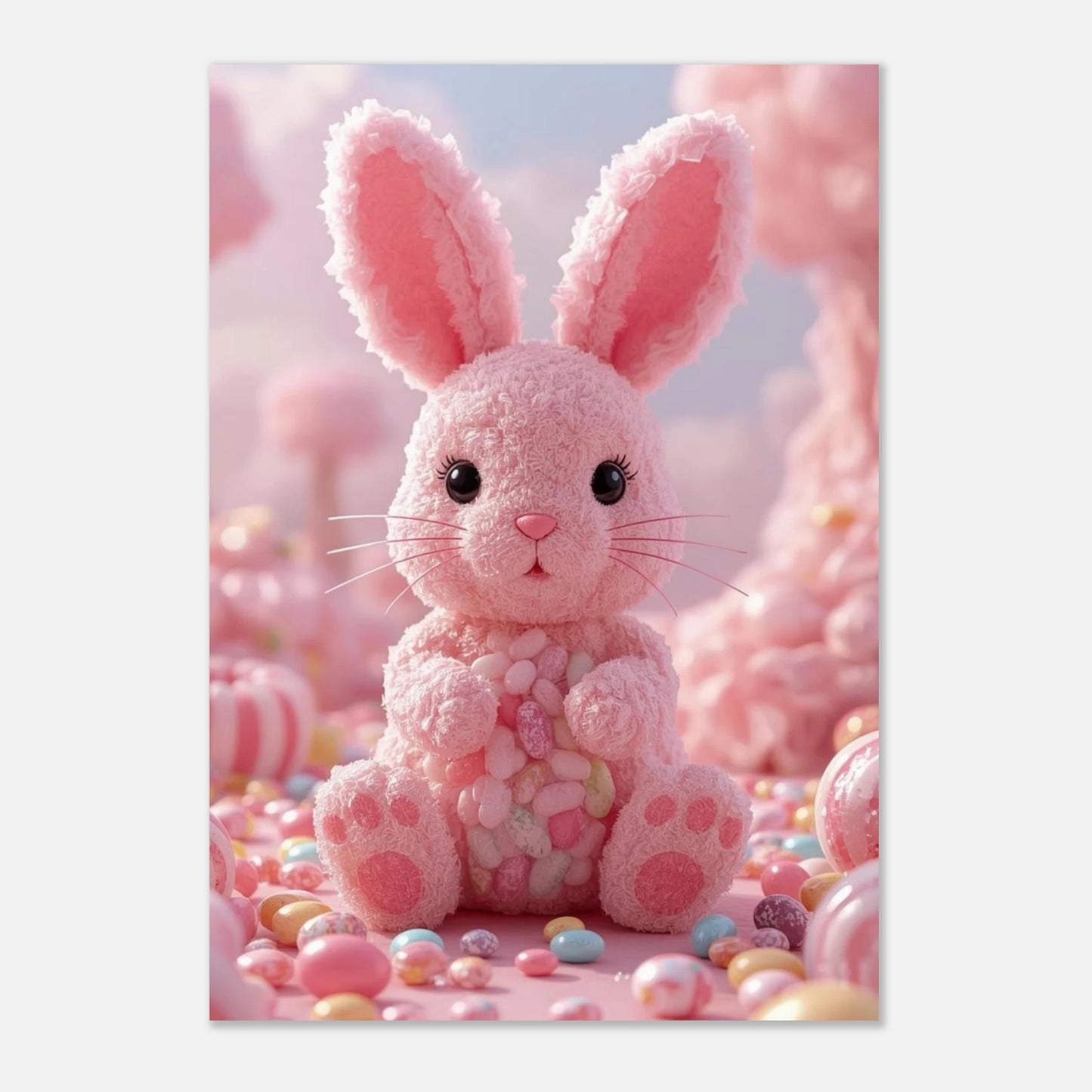 Söt rosa kaninillustration med jelly beans och mjuka pastellfärger – väggkonst
