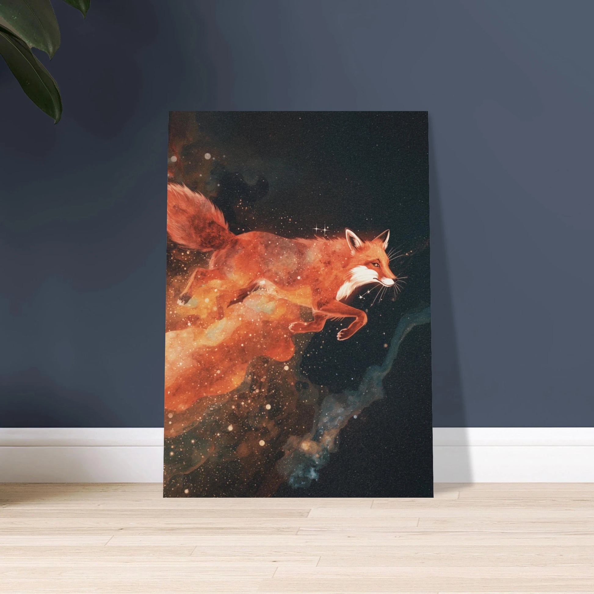 Rödräv i kosmiskt sken, akvarellillustration av rymd och djur