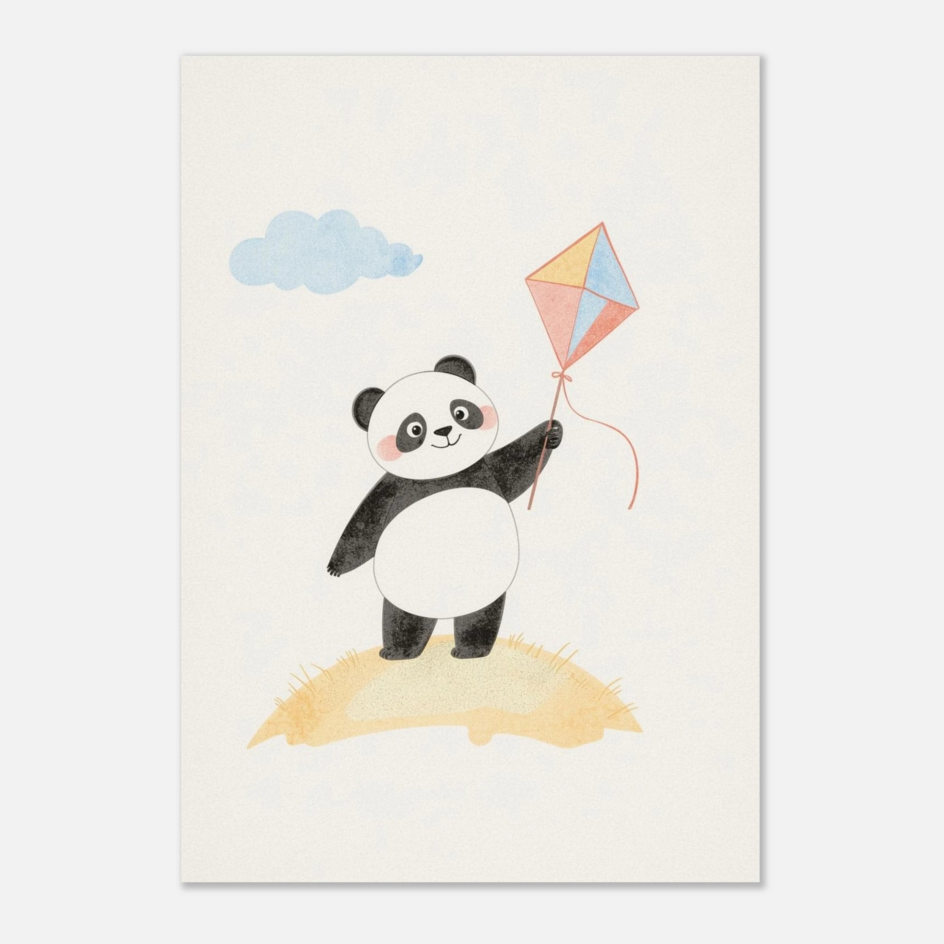 Illustrerad pandaposter i mjuka toner med en svävande pappersdrake