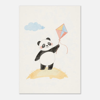 Illustrerad pandaposter i mjuka toner med en svävande pappersdrake