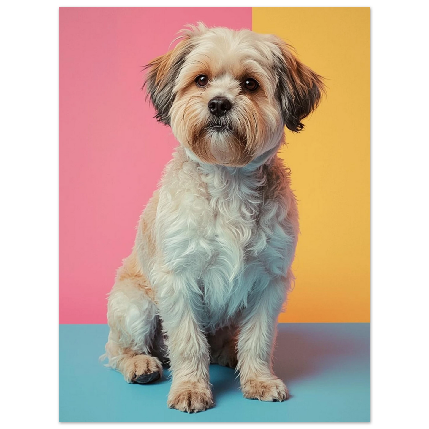 Färgglad poster med porträtt av en fluffig liten hund