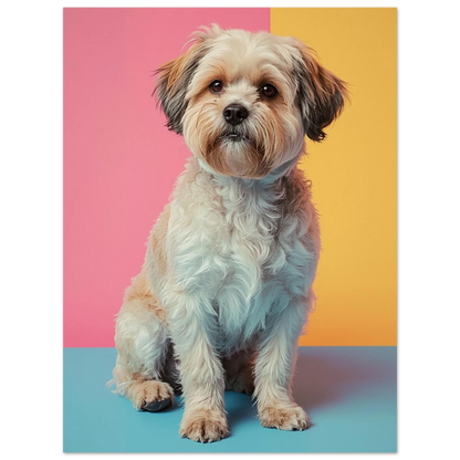 Färgglad poster med porträtt av en fluffig liten hund