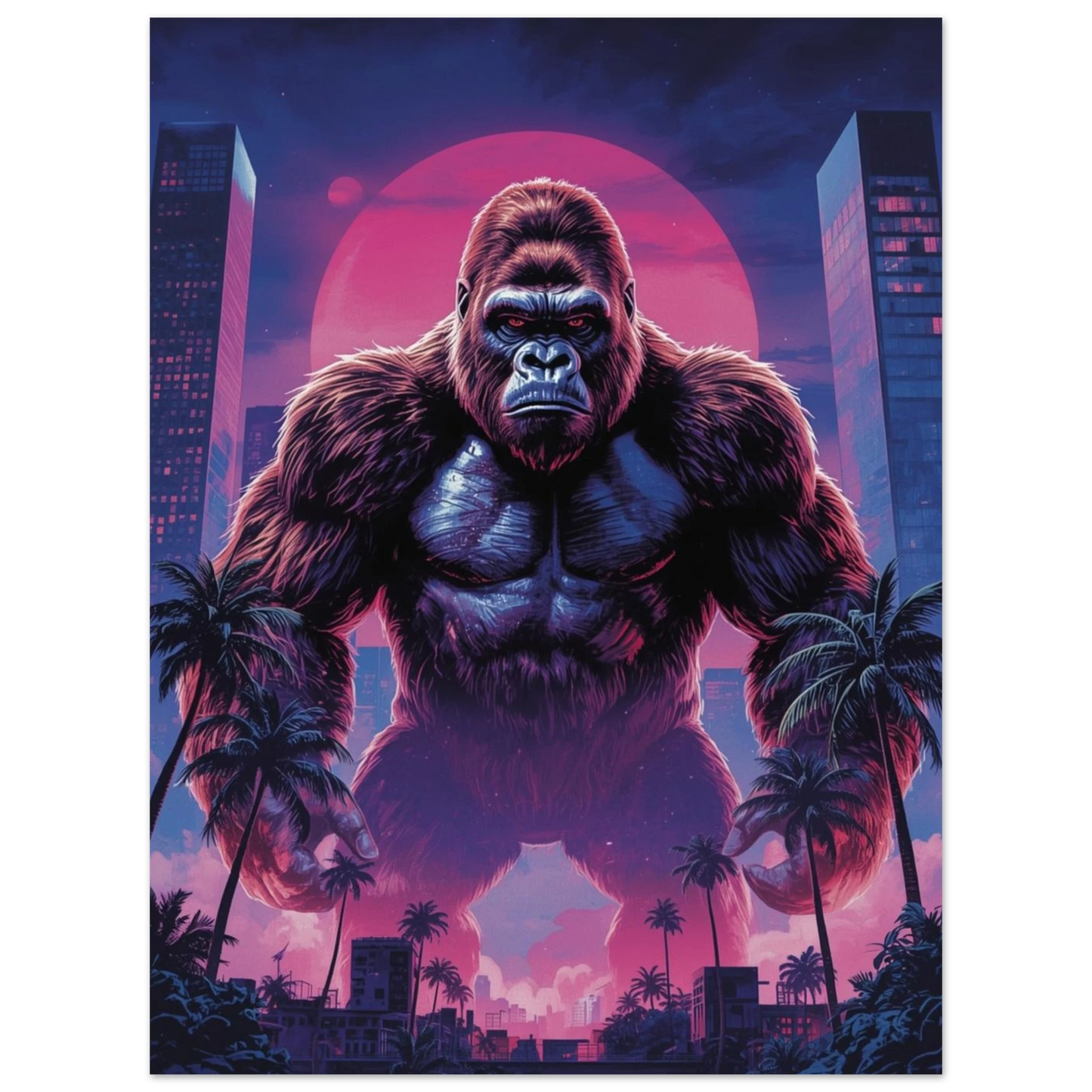 Jättelik gorilla reser sig över en stad med palmträd mot röd solnedgång – Tecknad poster