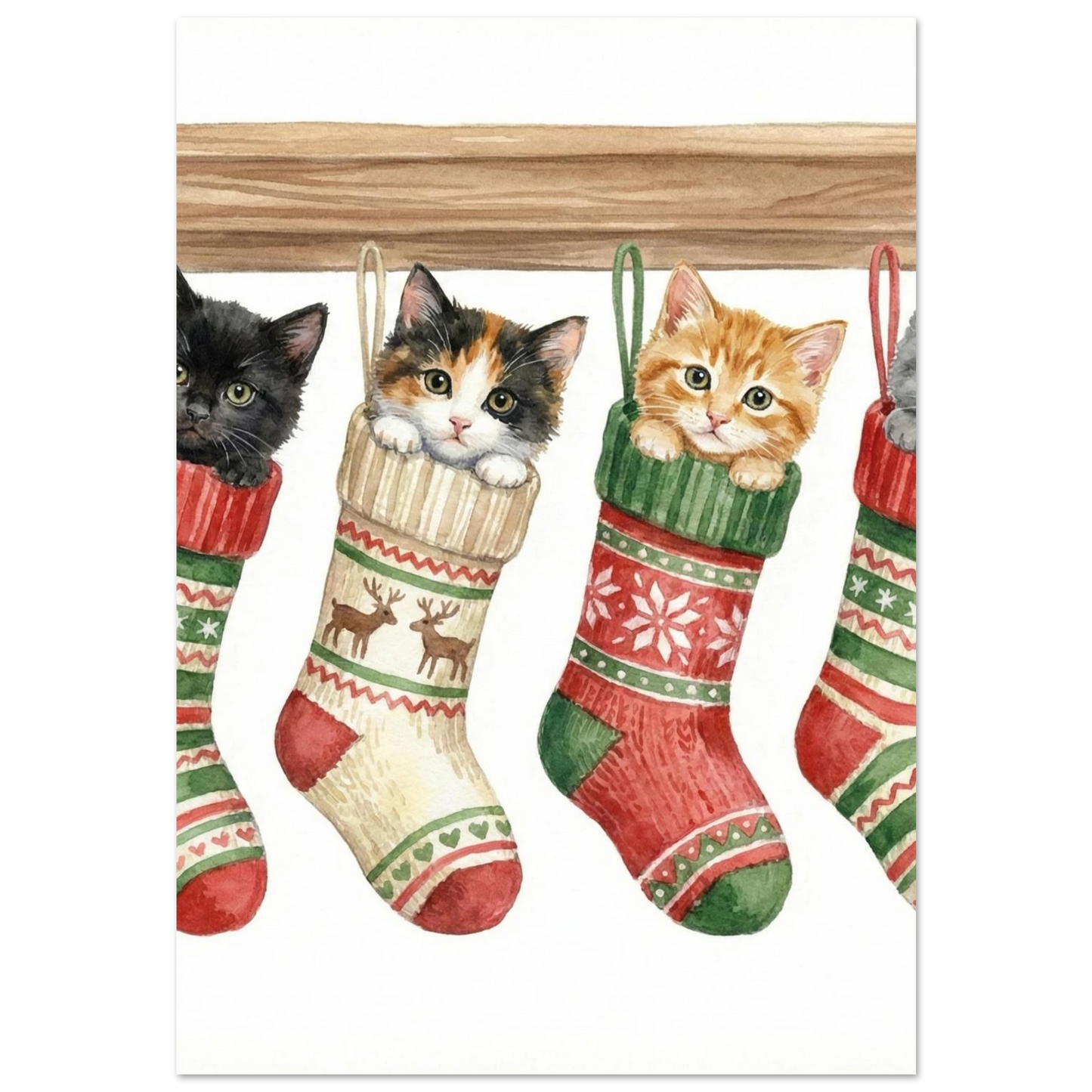 Svart kattunge med gröna ögon i rödvit julstrumpa, akvarellmålning