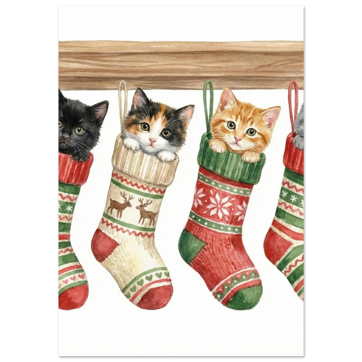 Svart kattunge med gröna ögon i rödvit julstrumpa, akvarellmålning