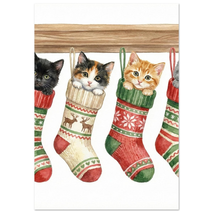 Svart kattunge med gröna ögon i rödvit julstrumpa, akvarellmålning