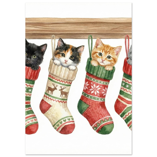 Svart kattunge med gröna ögon i rödvit julstrumpa, akvarellmålning