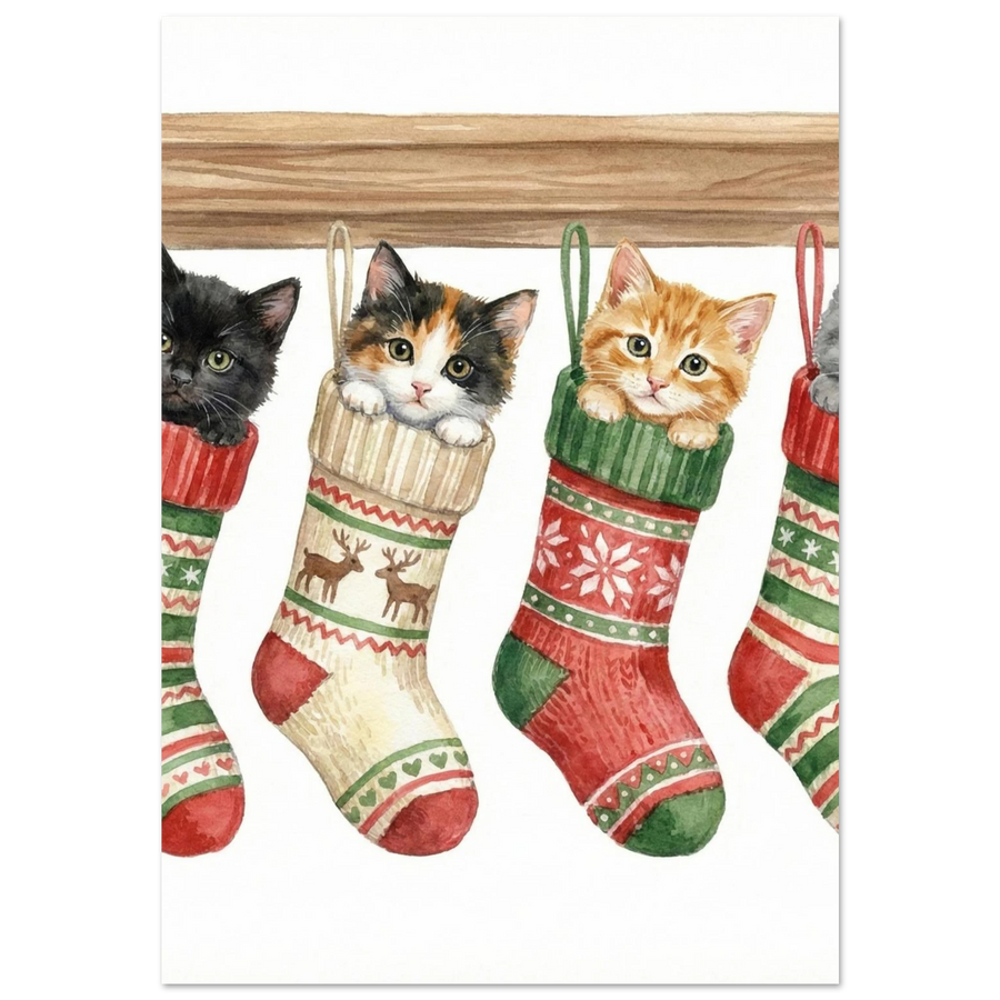 Svart kattunge med gröna ögon i rödvit julstrumpa, akvarellmålning