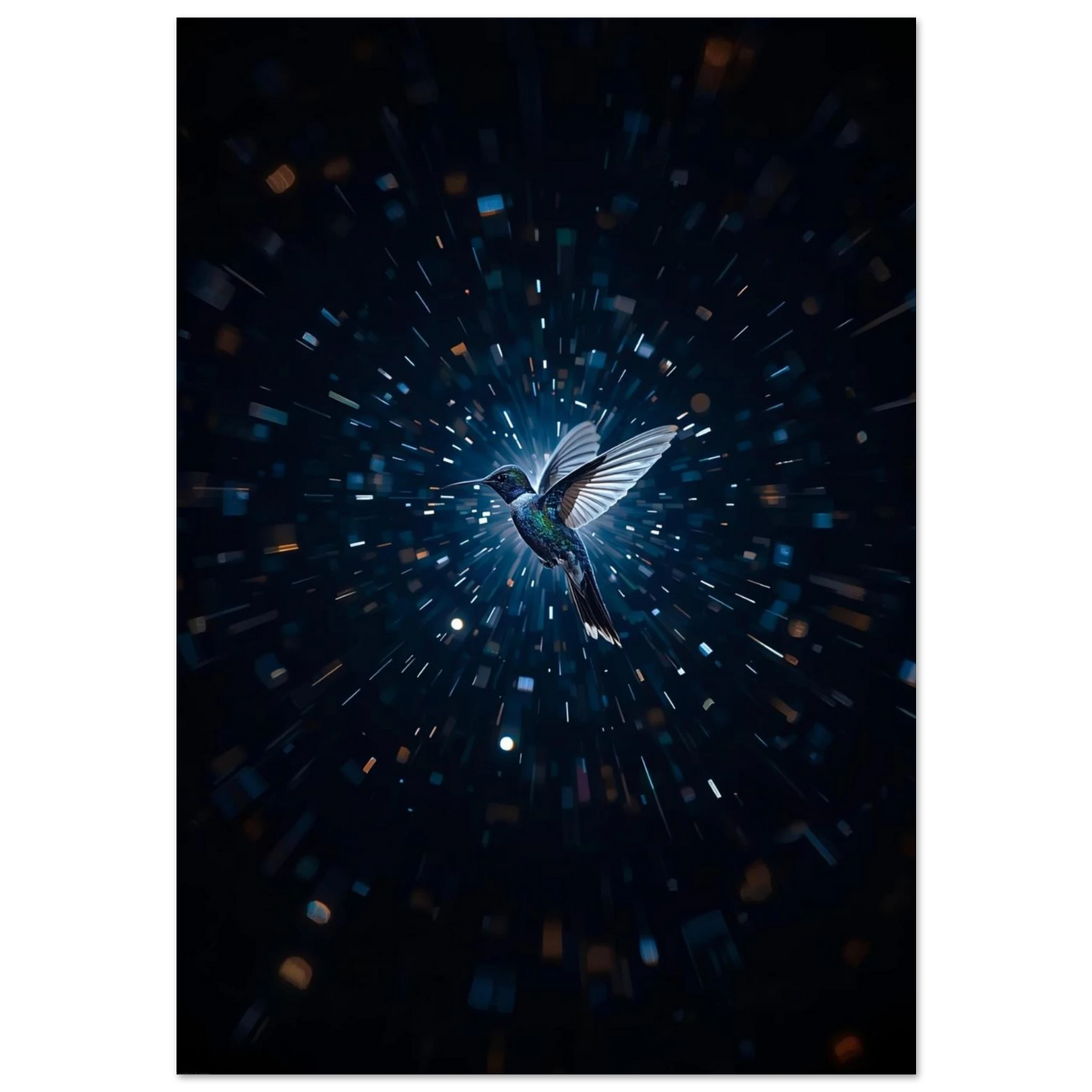 Kolibri i ett kosmiskt ljusfenomen med mörkblå bakgrund – digital djurposter