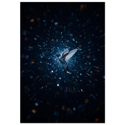 Kolibri i ett kosmiskt ljusfenomen med mörkblå bakgrund – digital djurposter