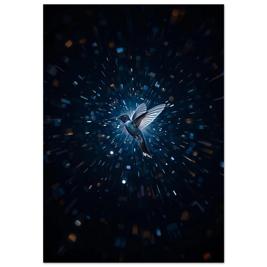Kolibri i ett kosmiskt ljusfenomen med mörkblå bakgrund – digital djurposter