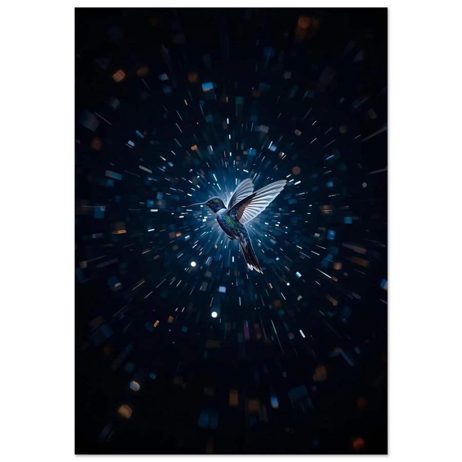 Kolibri i ett kosmiskt ljusfenomen med mörkblå bakgrund – digital djurposter