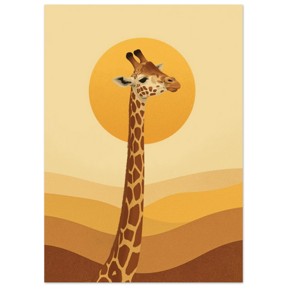Djurposter med giraff i profil framför en varmgul solnedgång på savannen
