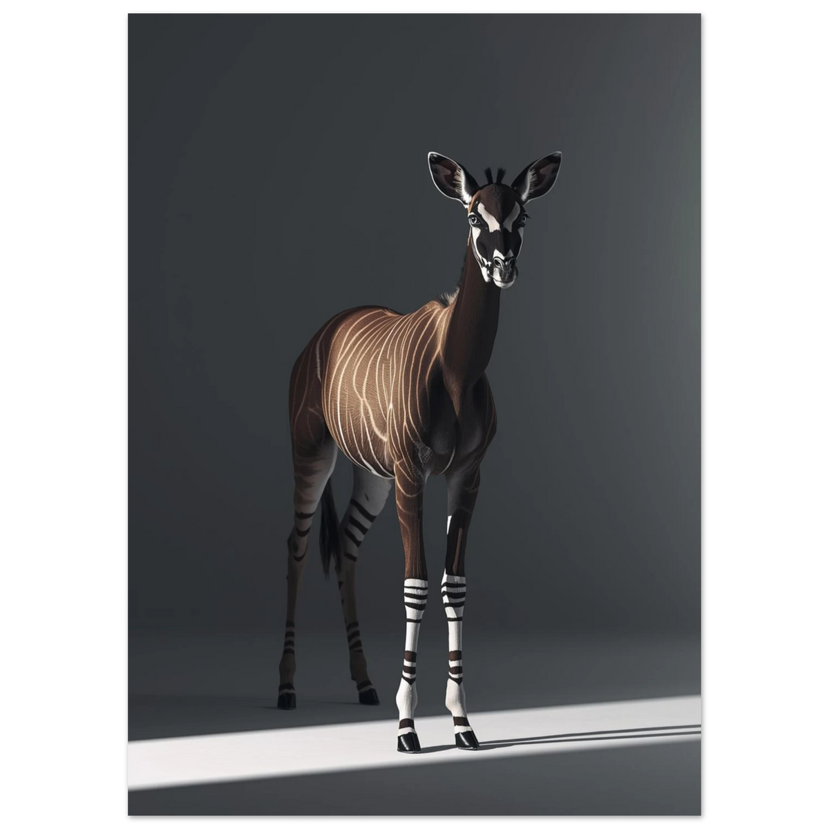 Digital illustration av en okapi med randiga ben i gryningsljus