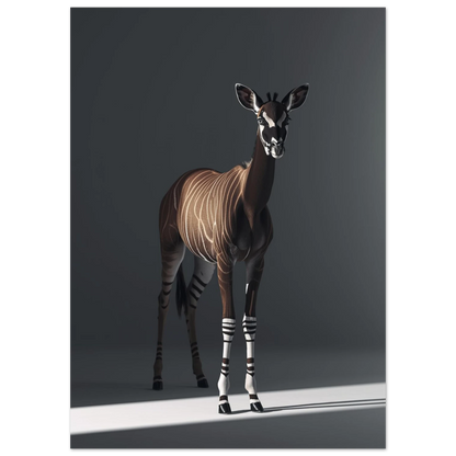 Digital illustration av en okapi med randiga ben i gryningsljus