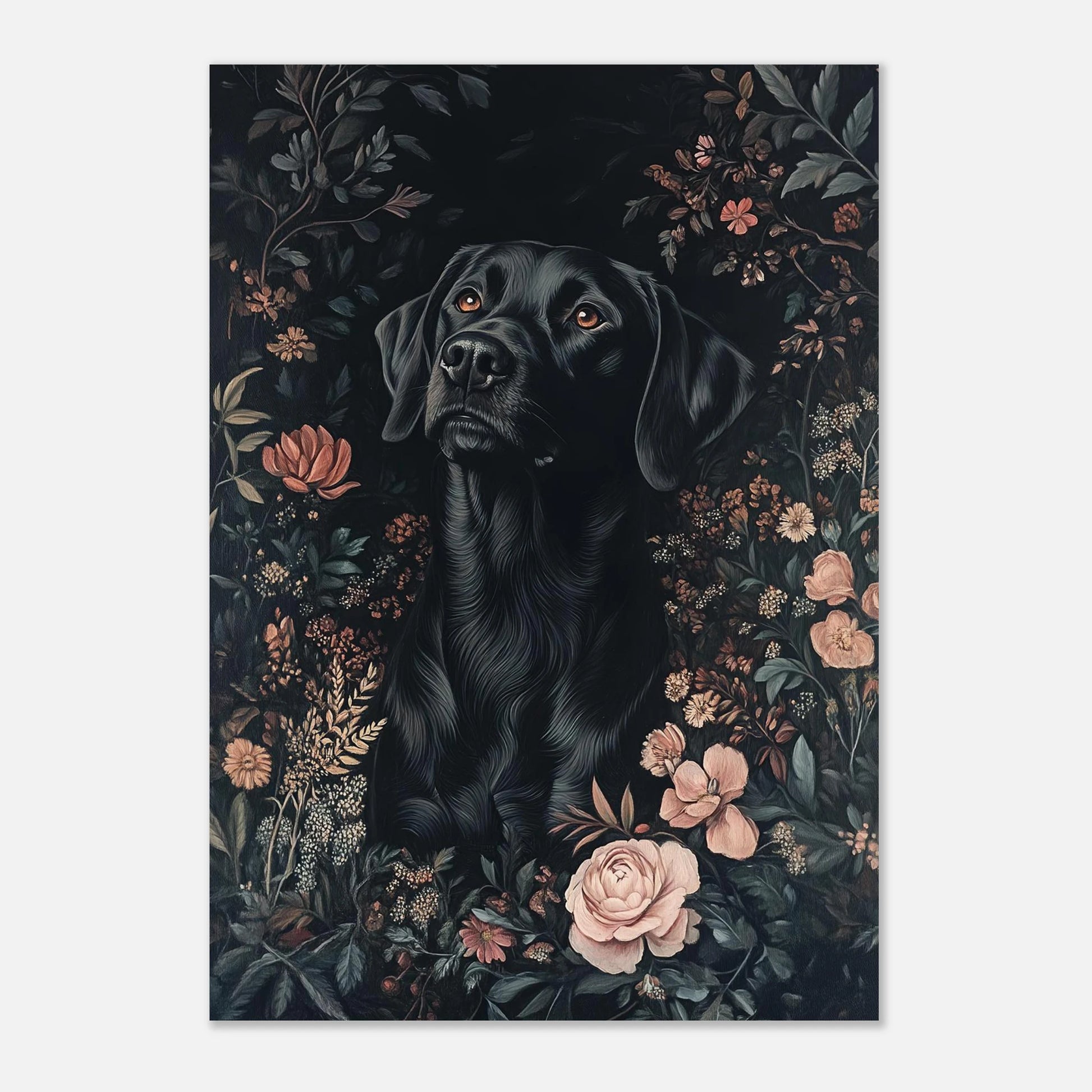 Elegant hundposter föreställande en labrador retriever i en drömlik blomsterhage