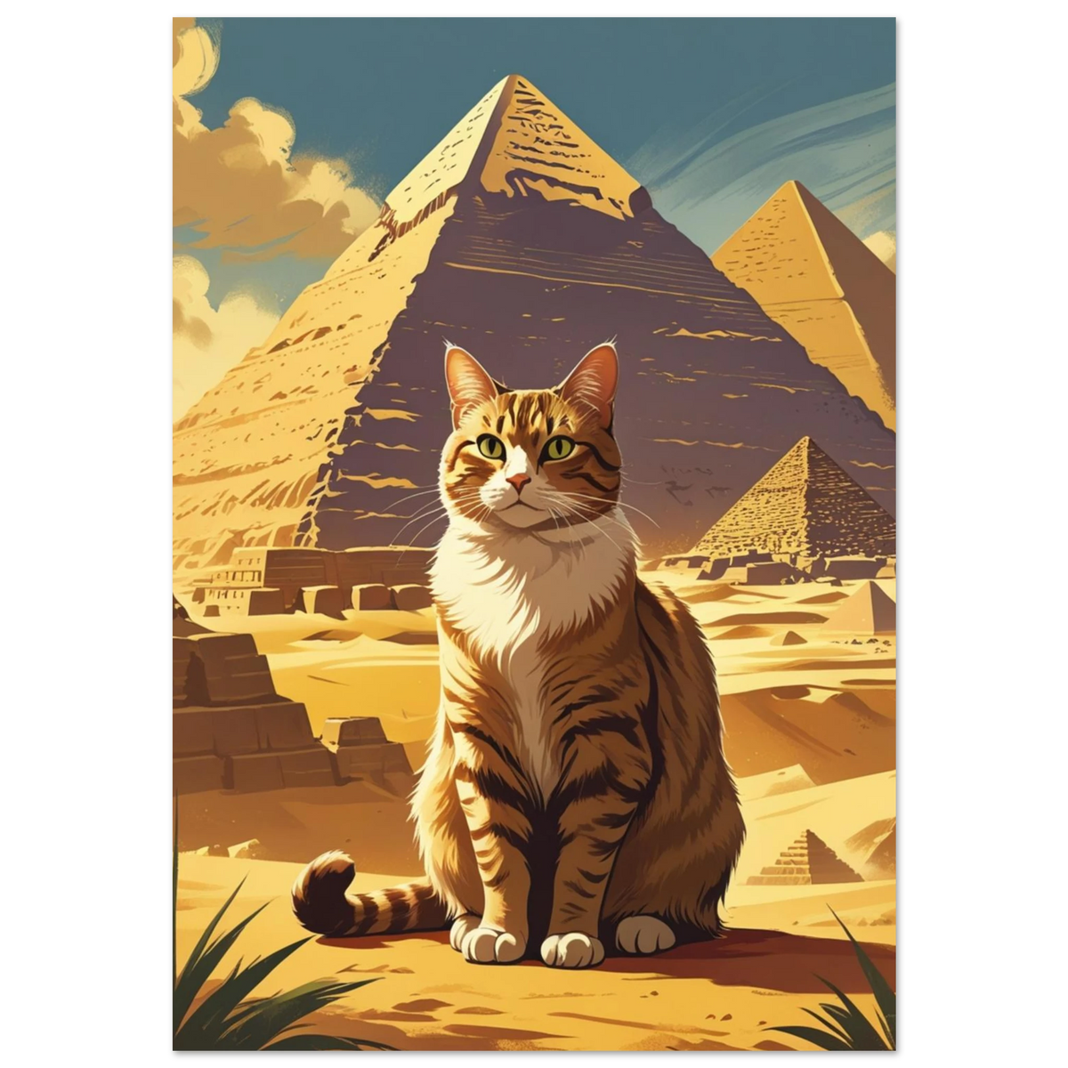 Randig katt framför Giza-pyramiderna i vintage reseposterstil med varma sandtoner