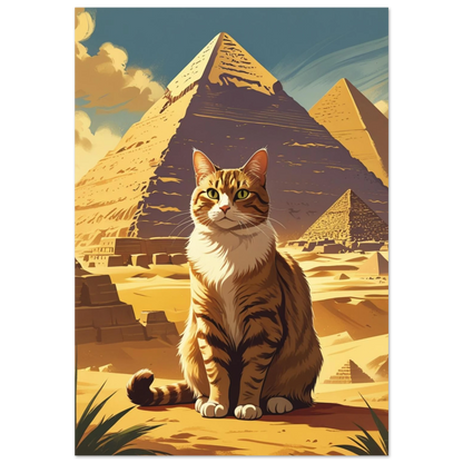 Randig katt framför Giza-pyramiderna i vintage reseposterstil med varma sandtoner