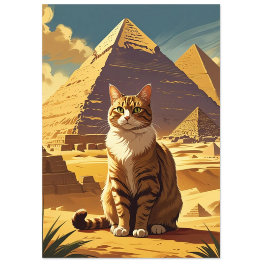Randig katt framför Giza-pyramiderna i vintage reseposterstil med varma sandtoner