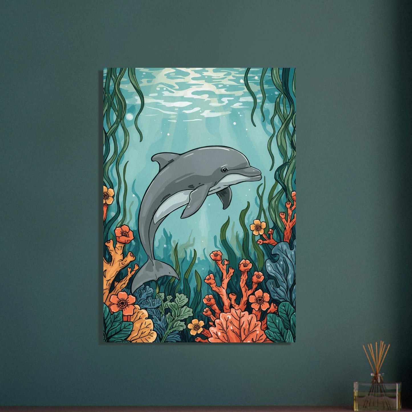 Stiliserad delfin i blå nyanser, modern och lekfull design