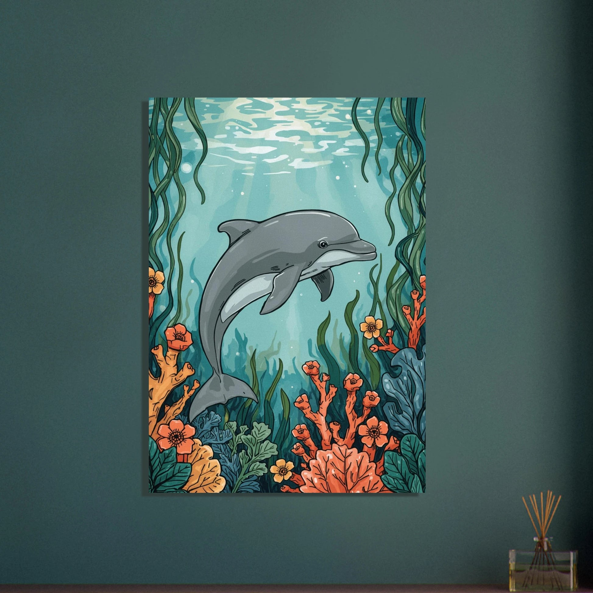 Stiliserad delfin i blå nyanser, modern och lekfull design