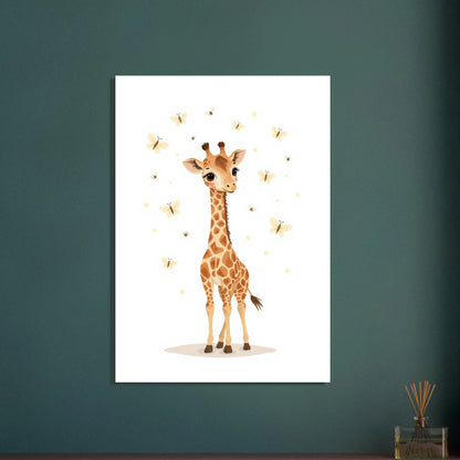 Söt babygiraff med fjärilar, lekfull och charmig illustration