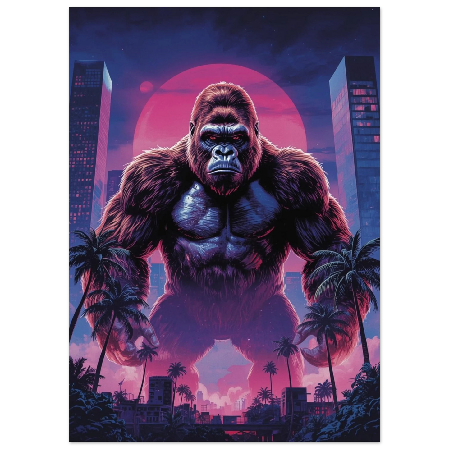 Muskulös gorilla med röda ögon framför stadssiluett och neonfärgad himmel – Tecknad poster