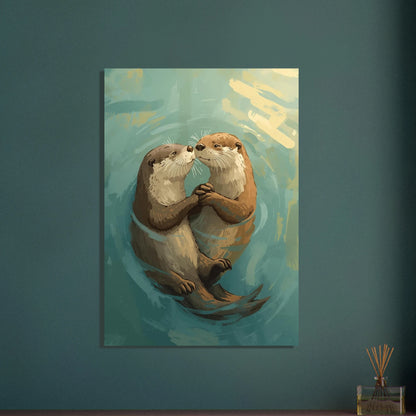 Två uttrar håller tassar i vattnet, symboliserar kärlek och samhörighet.