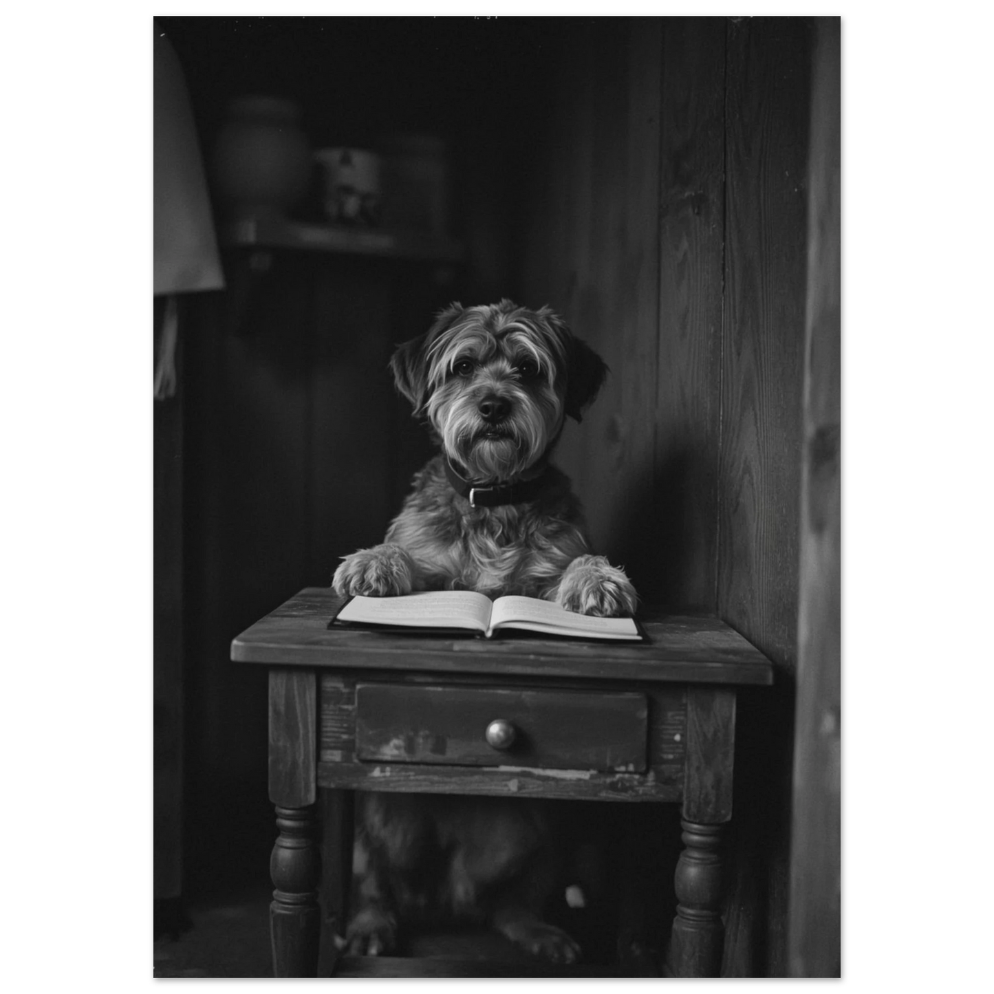 Humoristisk djurposter med hund i biblioteksmiljö, svartvitt fotografi med hög kontrast
