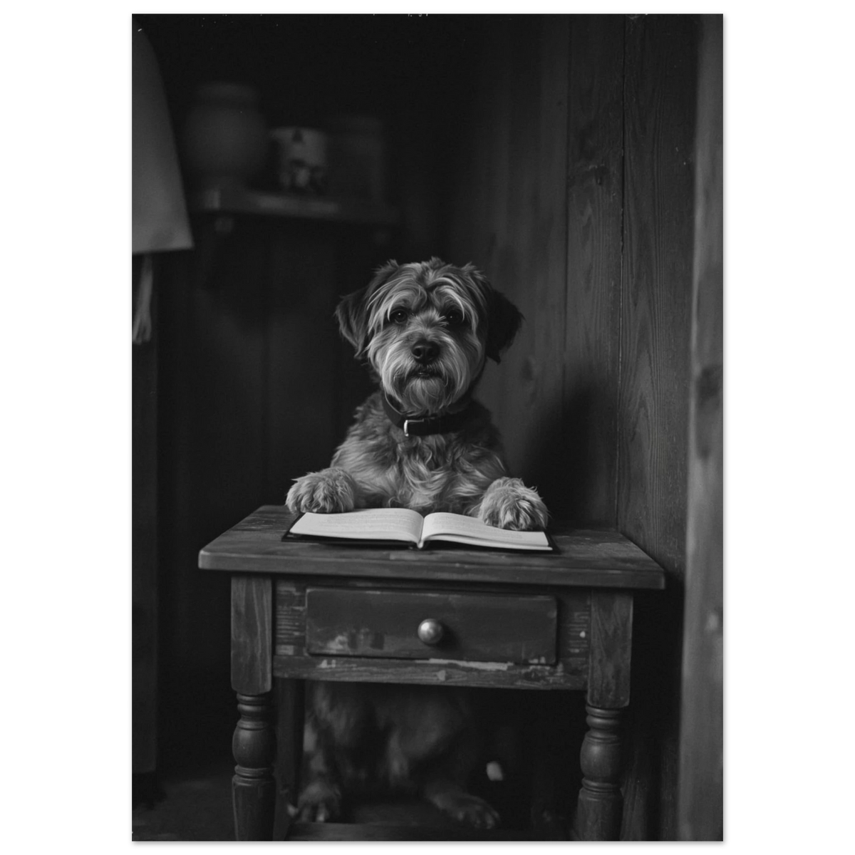 Humoristisk djurposter med hund i biblioteksmiljö, svartvitt fotografi med hög kontrast